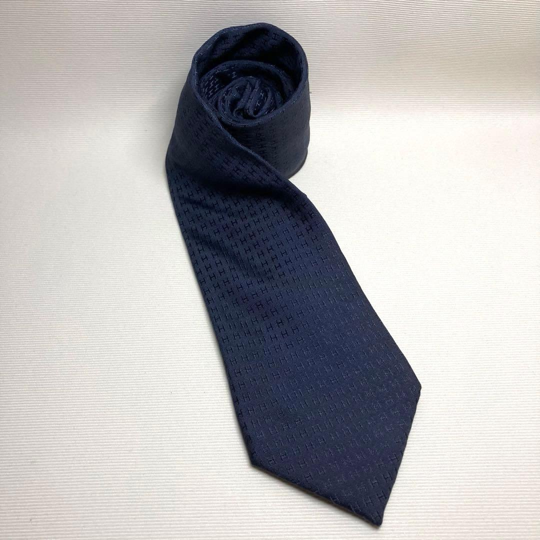HERMES エルメス　ネクタイ　ネイビー　ファソネ　H柄　ジャガード　シルク