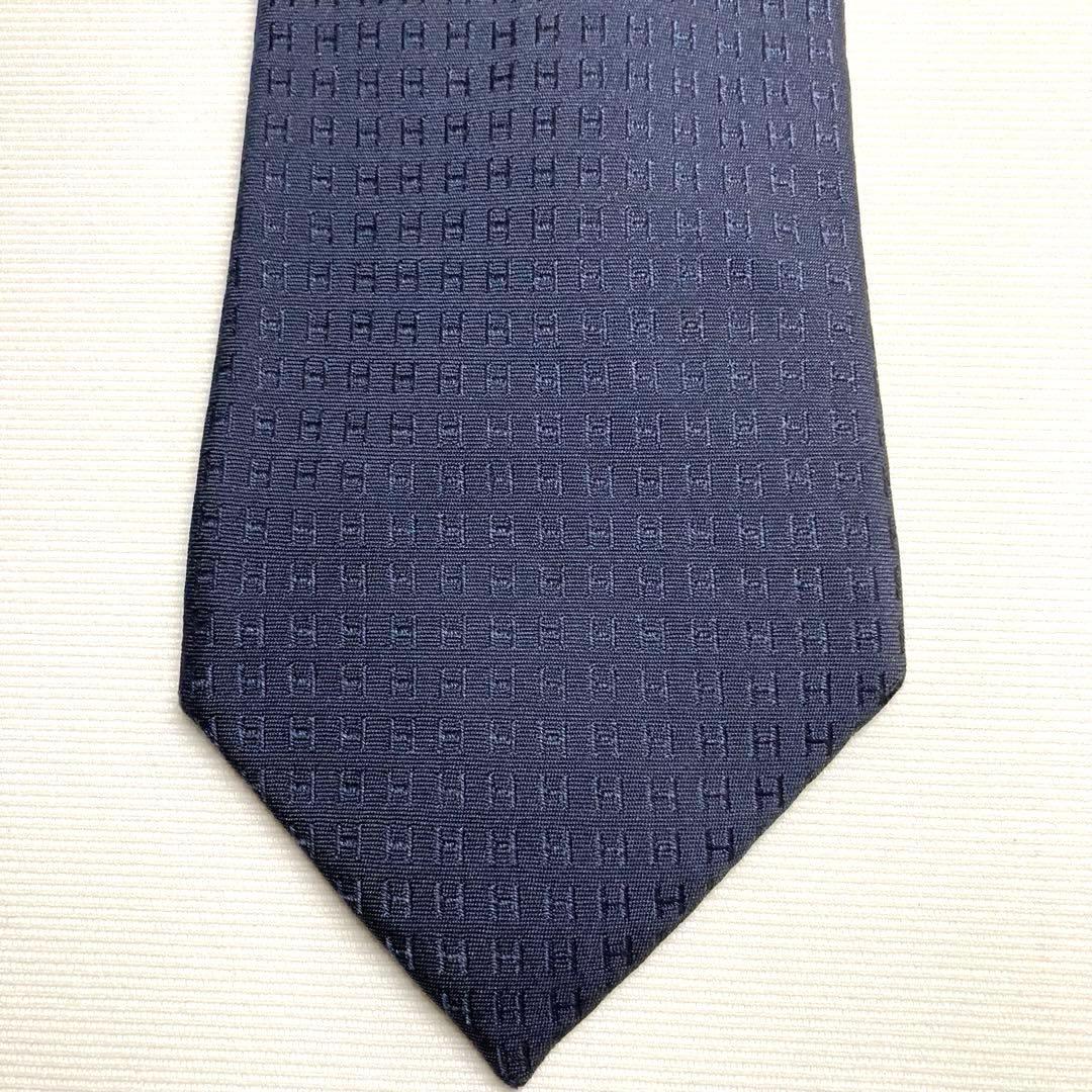 HERMES エルメス　ネクタイ　ネイビー　ファソネ　H柄　ジャガード　シルク