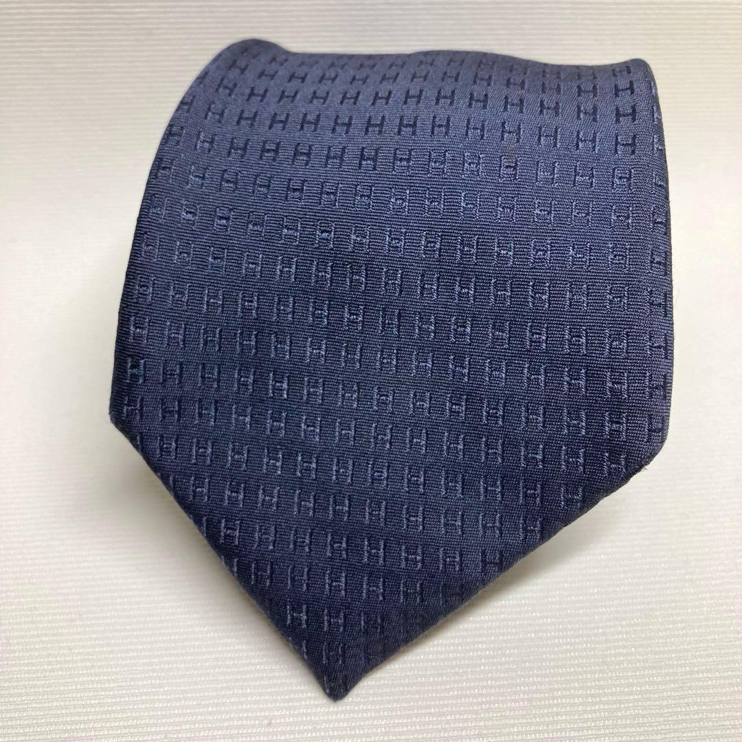 HERMES エルメス　ネクタイ　ネイビー　ファソネ　H柄　ジャガード　シルク