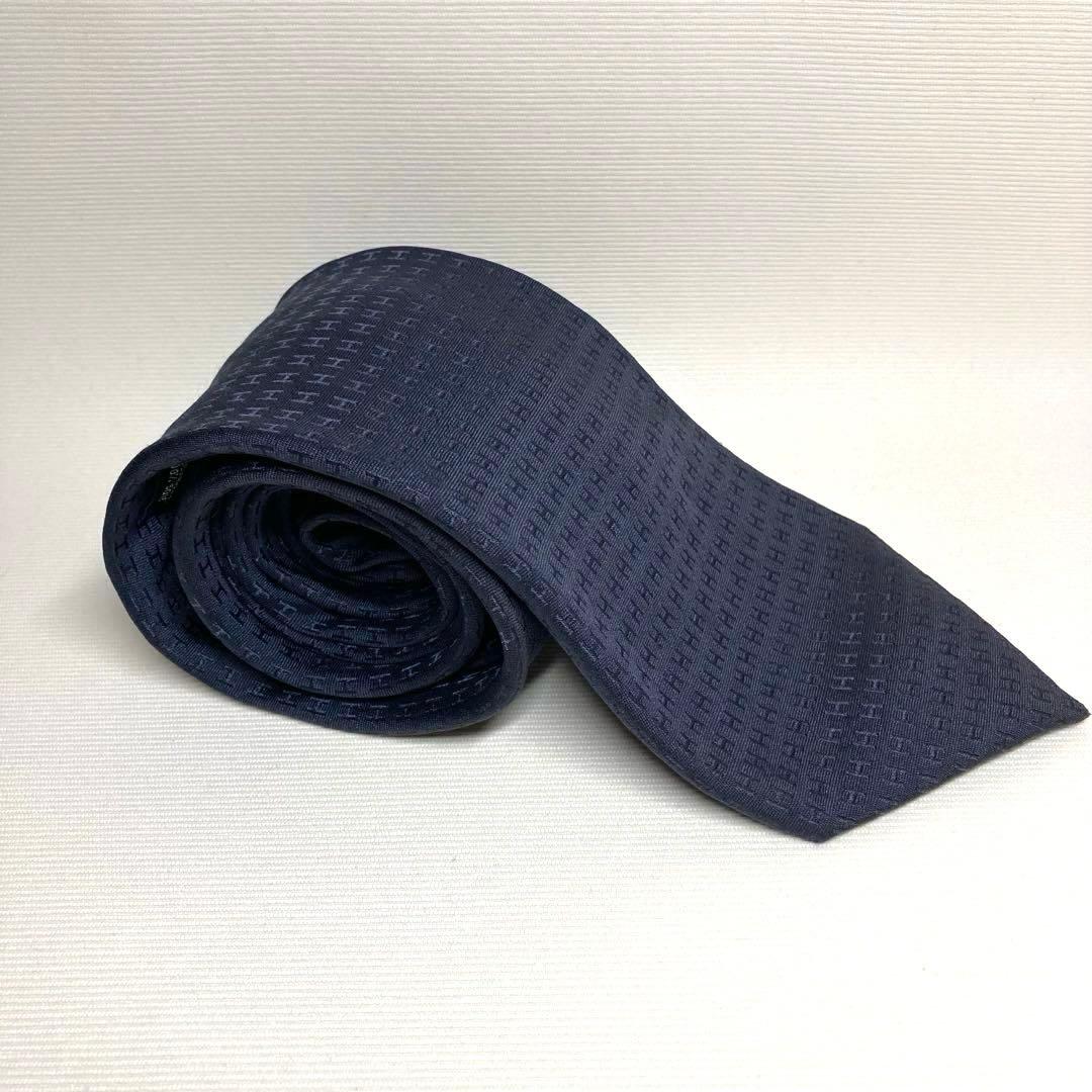 HERMES エルメス　ネクタイ　ネイビー　ファソネ　H柄　ジャガード　シルク