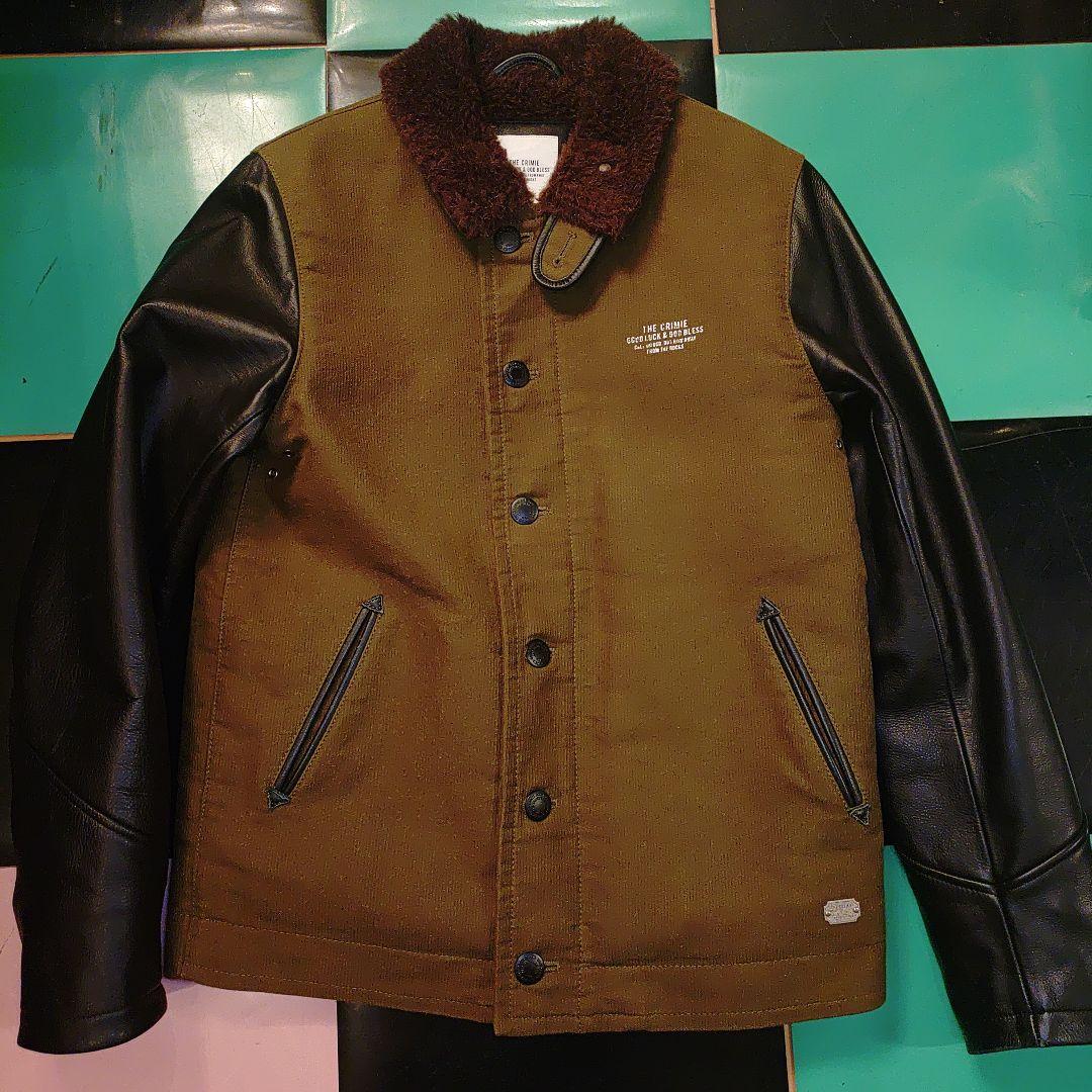 THE CRIMIE レザー切り替え　デッキジャケット　カーキ✕ブラックレザー