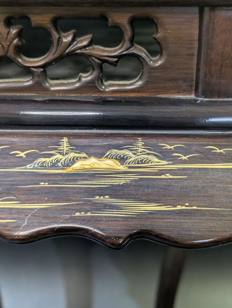 大名道具 唐木 猫脚 木製 透かし彫 花台 高卓 無垢材 黒檀　高蒔絵 螺鈿細工