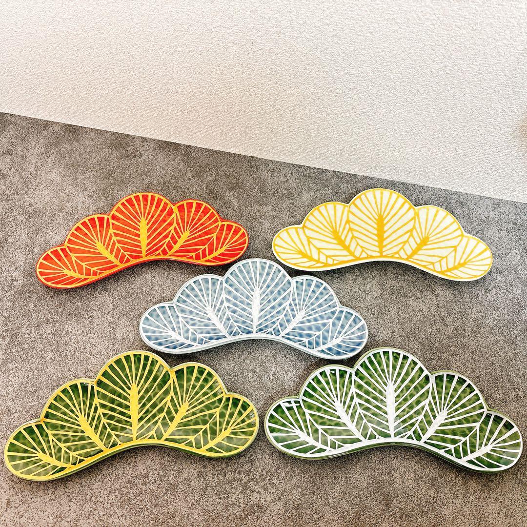 らん❁るん様ご依頼品　松葉形前菜皿　茶緑金　白金　赤金　青銀　茶緑銀　5点セット