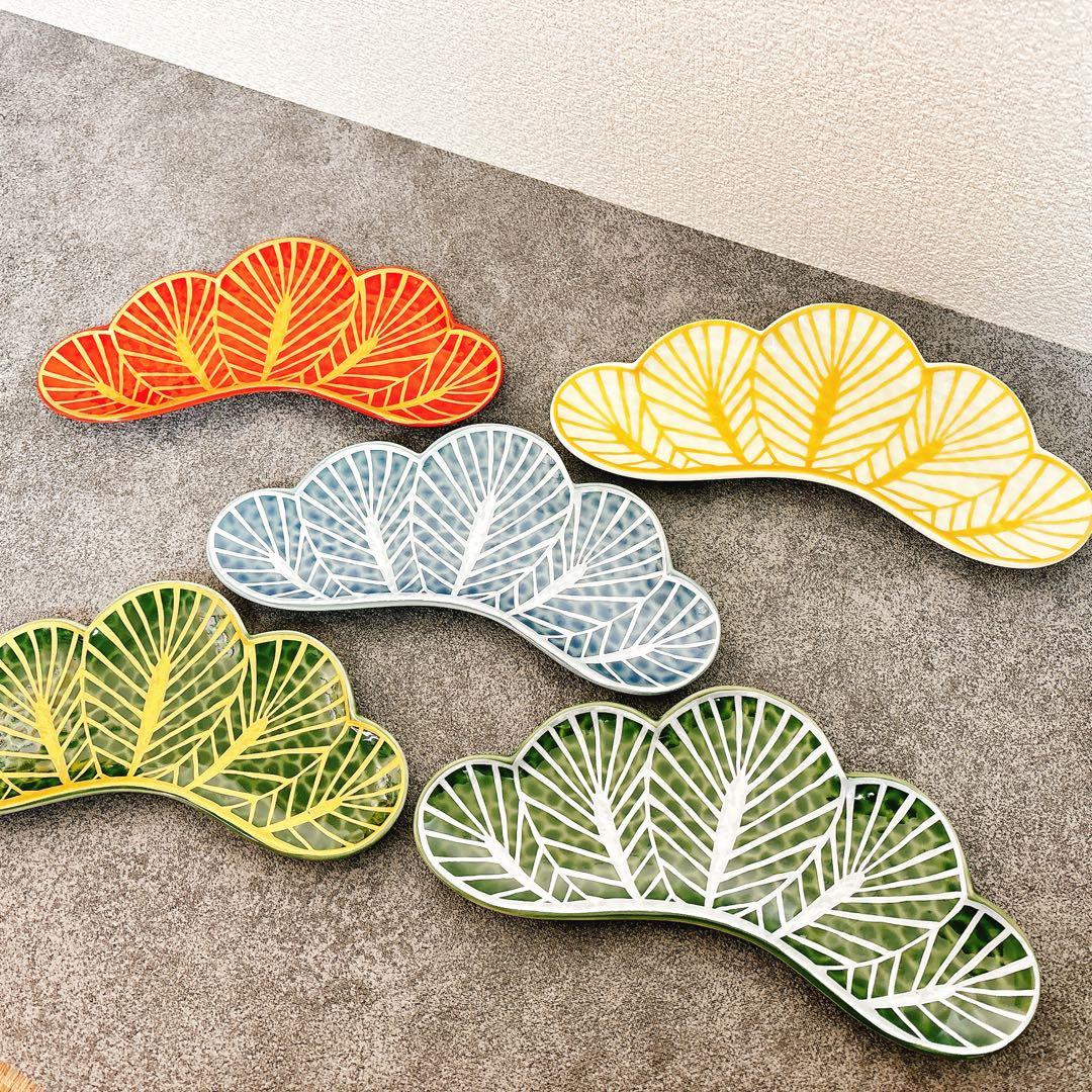 らん❁るん様ご依頼品　松葉形前菜皿　茶緑金　白金　赤金　青銀　茶緑銀　5点セット