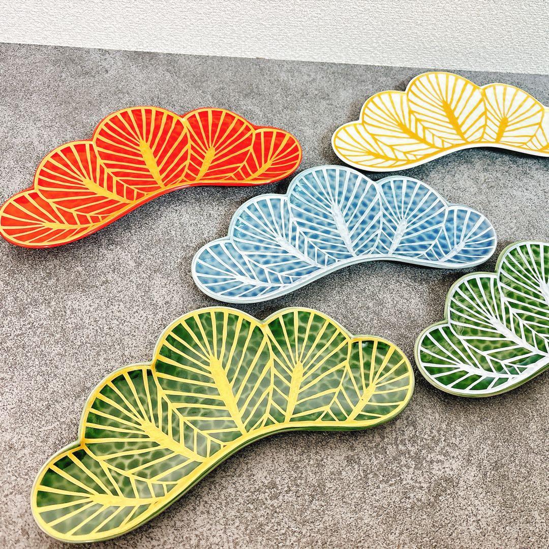 らん❁るん様ご依頼品　松葉形前菜皿　茶緑金　白金　赤金　青銀　茶緑銀　5点セット