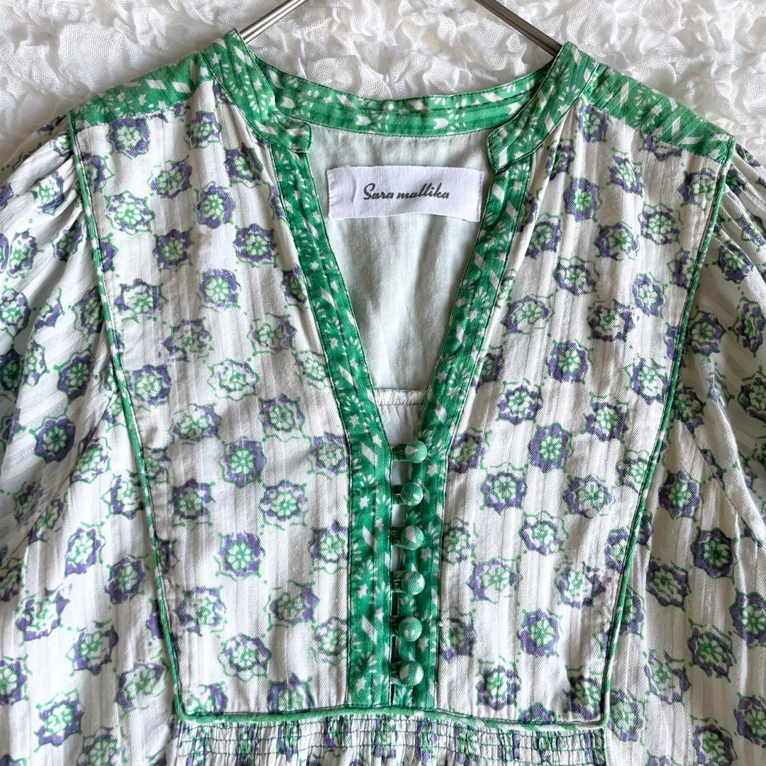 サラマリカ マキシ丈ワンピース グリーン 総柄 キカ エスニック ゆったり