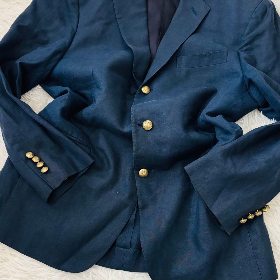 美品✨ポロバイラルフローレン　リネン100%紺ブレM 金のロゴボタン