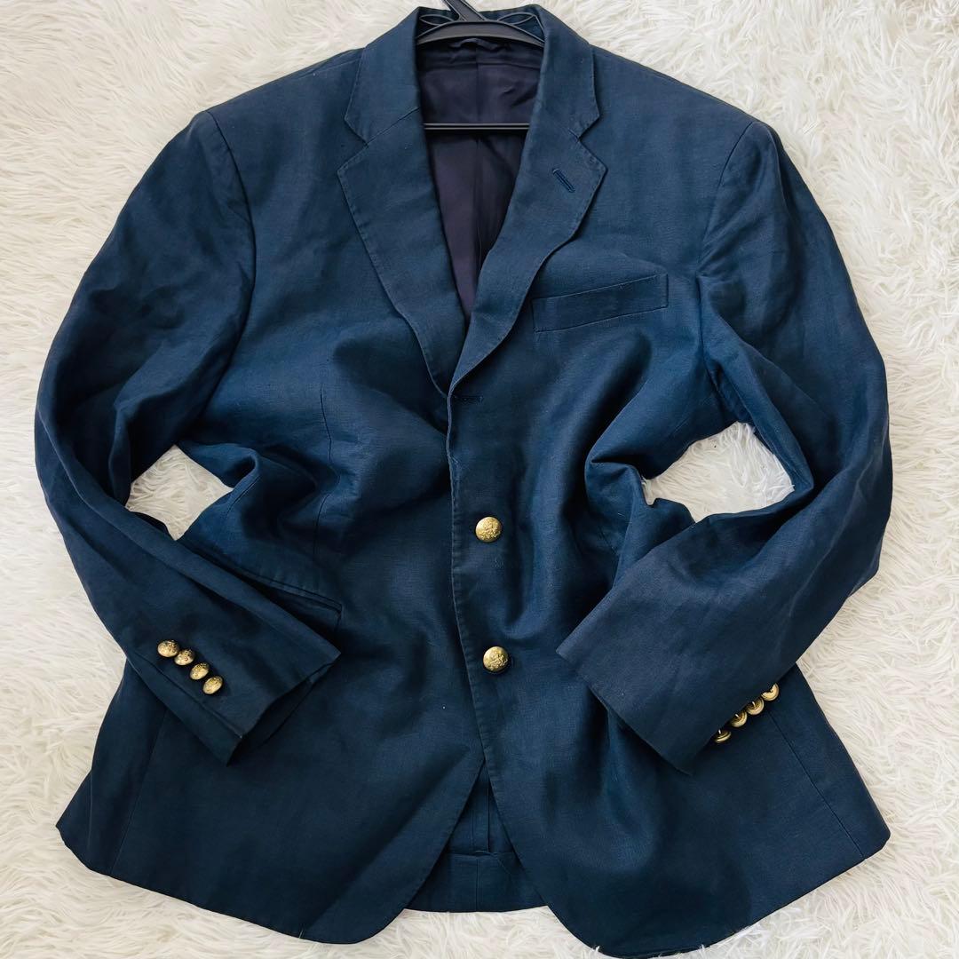 美品✨ポロバイラルフローレン　リネン100%紺ブレM 金のロゴボタン