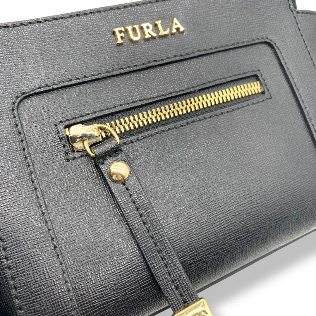 極美品！フルラ　FURLA チェーンショルダーバッグ　サフィアーノ　レザー　黒