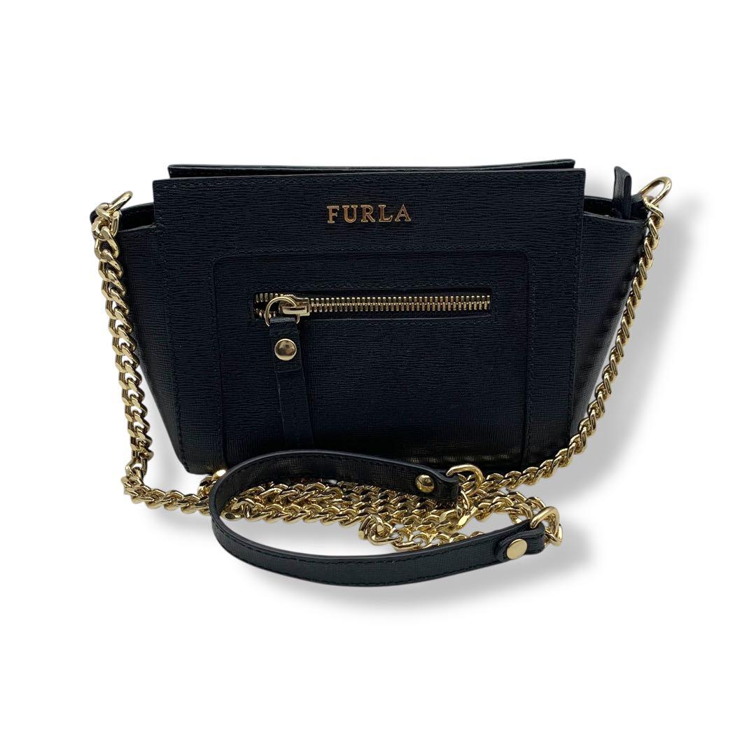 極美品！フルラ　FURLA チェーンショルダーバッグ　サフィアーノ　レザー　黒