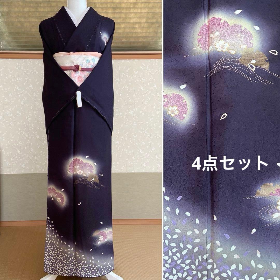 【未使用】濃紫色　作家物　桜と雪輪　訪問着　フルセット