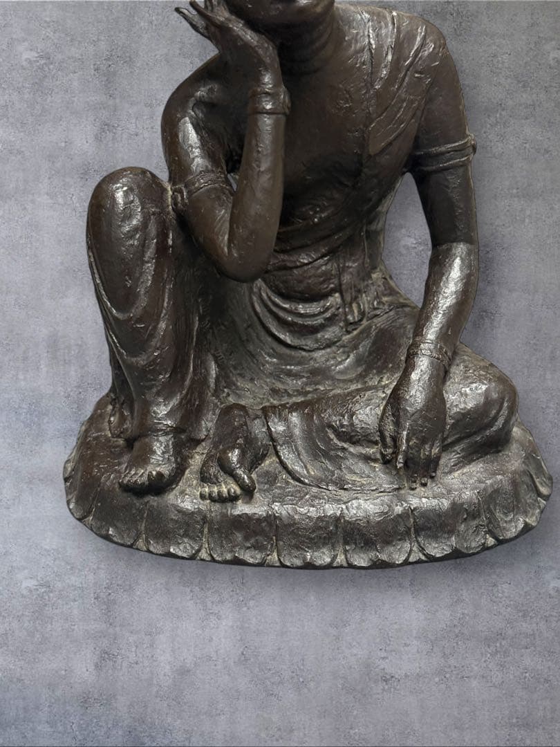 【やすらぎ】友沢正彦 おはぐろ技法 ブロンズ像 銅像 如意輪観音菩薩坐像 共箱