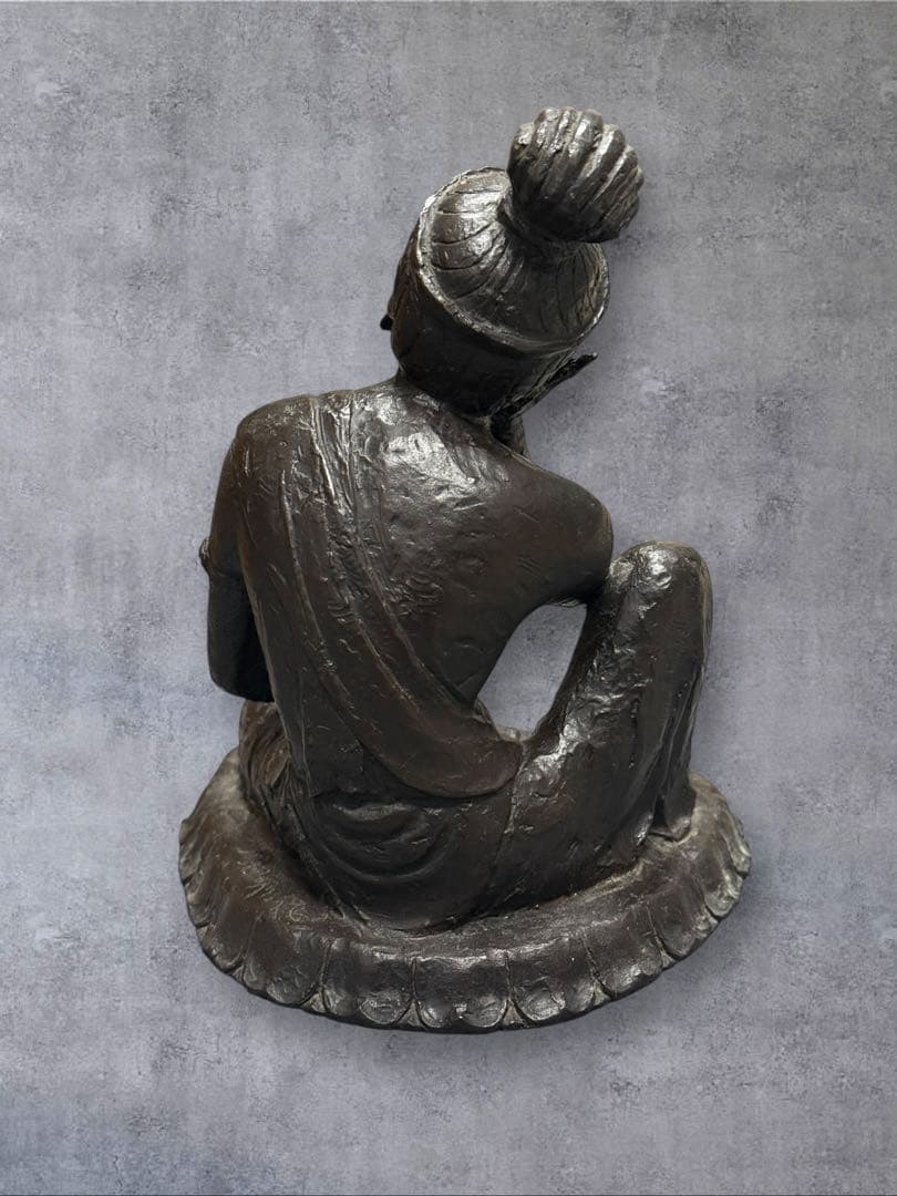 【やすらぎ】友沢正彦 おはぐろ技法 ブロンズ像 銅像 如意輪観音菩薩坐像 共箱