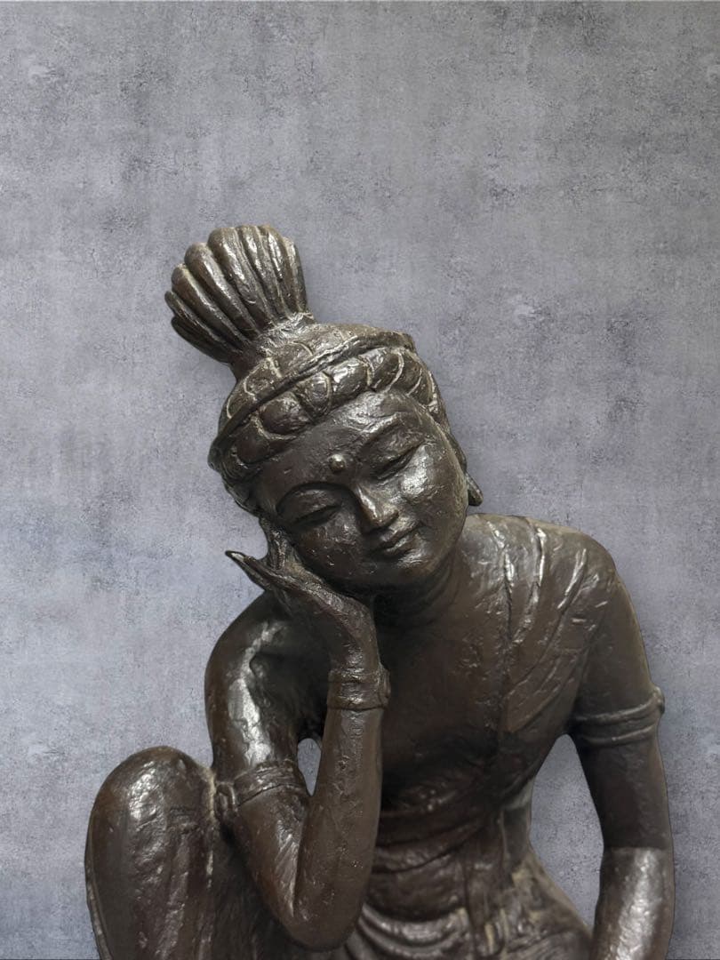 【やすらぎ】友沢正彦 おはぐろ技法 ブロンズ像 銅像 如意輪観音菩薩坐像 共箱