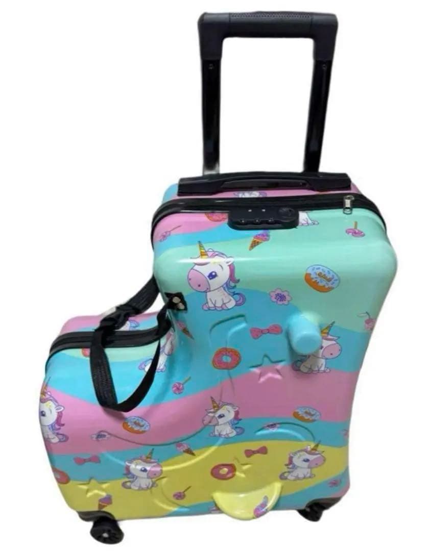 美品 乗れるキッズキャリーケース 安全ベルト付き キッズスーツケース ユニコーン
