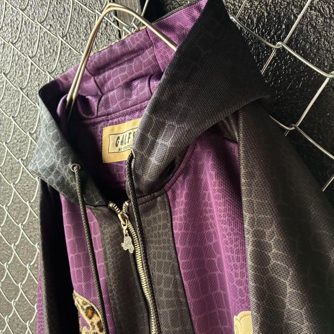 GALFY トラックジャケット フーディ ビッグロゴ刺繍 豹柄 切替 奇抜 XL