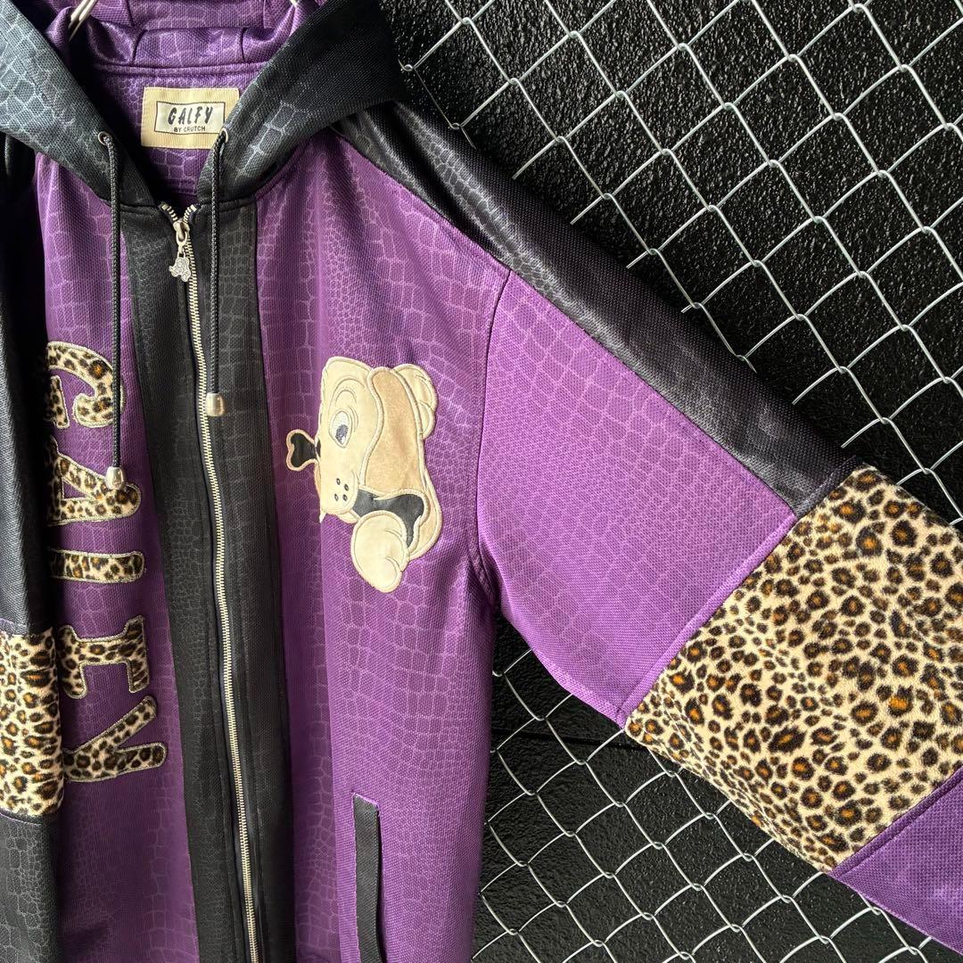 GALFY トラックジャケット フーディ ビッグロゴ刺繍 豹柄 切替 奇抜 XL