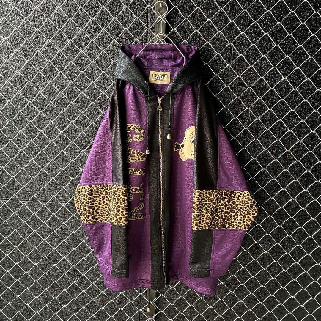 GALFY トラックジャケット フーディ ビッグロゴ刺繍 豹柄 切替 奇抜 XL