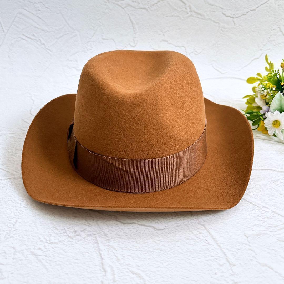 《新品》HERMES ウール ハット 帽子 リボン ロングブリム 茶色 58