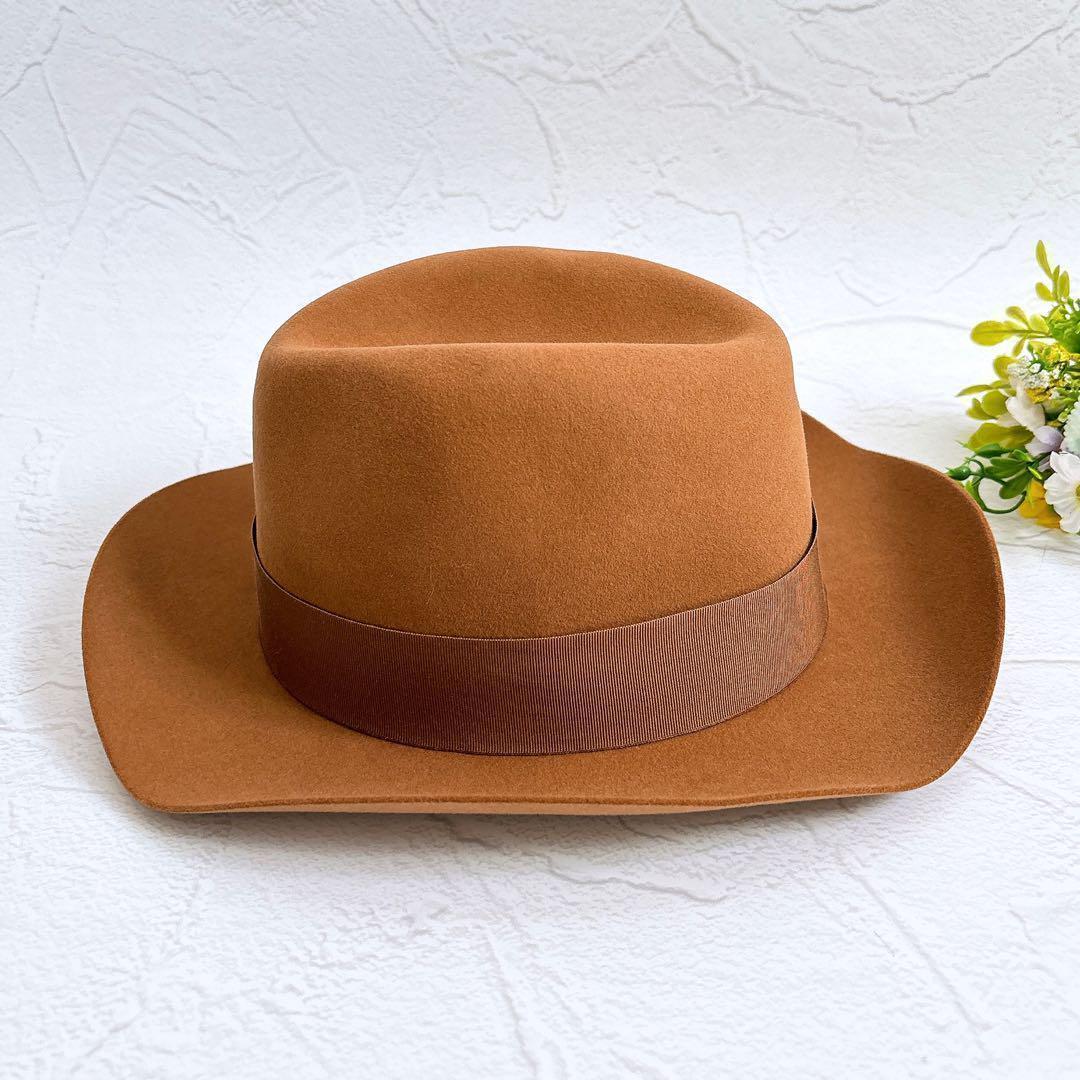 《新品》HERMES ウール ハット 帽子 リボン ロングブリム 茶色 58