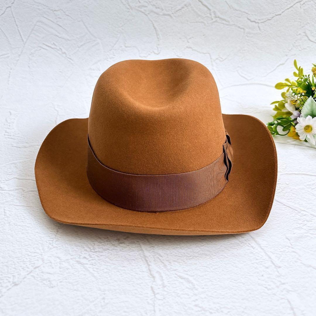 《新品》HERMES ウール ハット 帽子 リボン ロングブリム 茶色 58