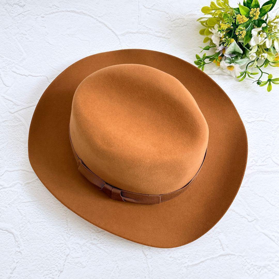 《新品》HERMES ウール ハット 帽子 リボン ロングブリム 茶色 58