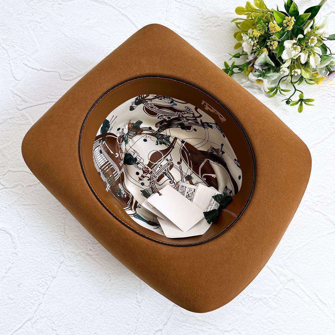 《新品》HERMES ウール ハット 帽子 リボン ロングブリム 茶色 58