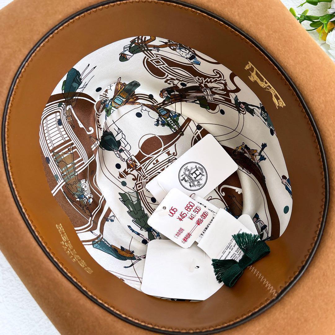 《新品》HERMES ウール ハット 帽子 リボン ロングブリム 茶色 58