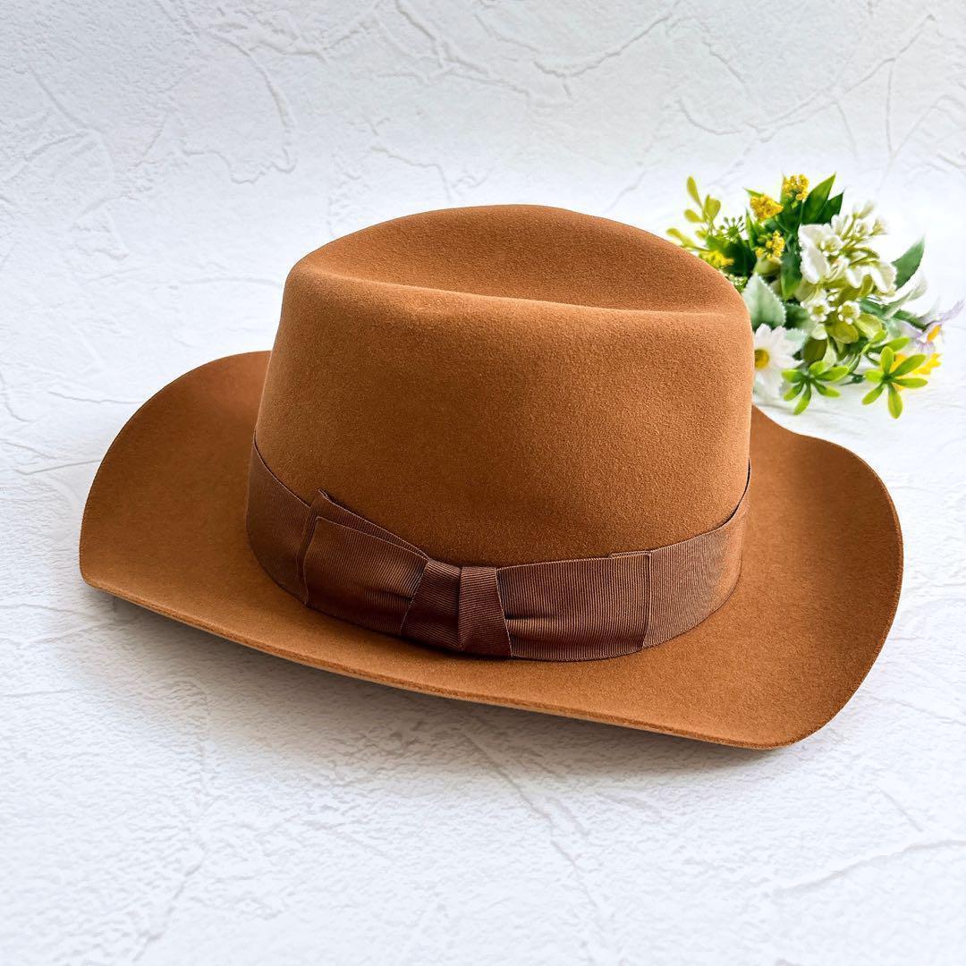 《新品》HERMES ウール ハット 帽子 リボン ロングブリム 茶色 58