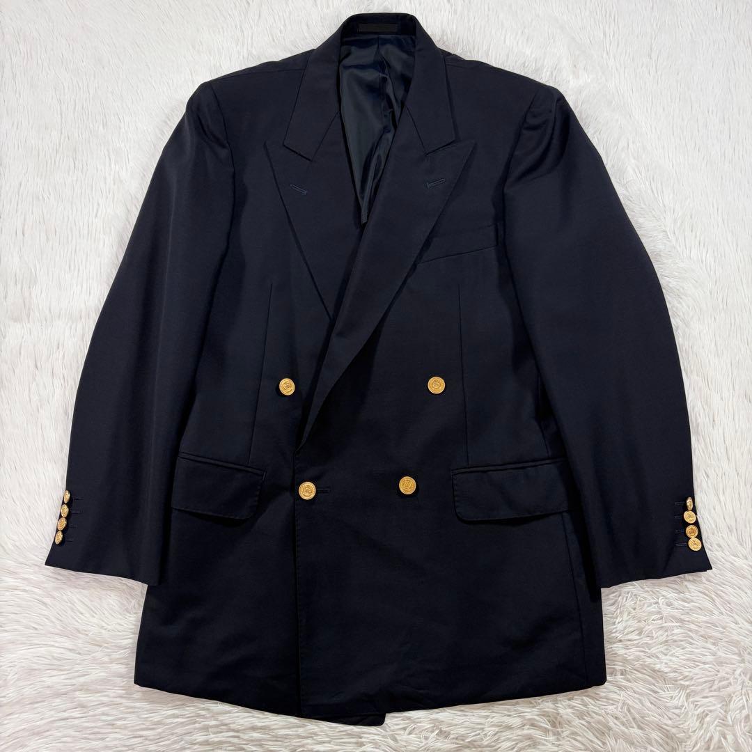 バーバリー 紺ブレ 刻印金ボタン ネイビー ダブル 裏地シャドーホース LL