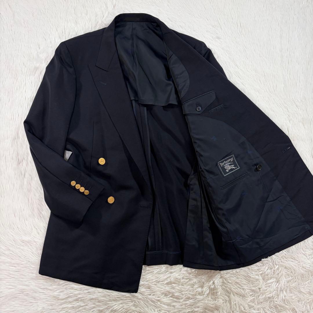 バーバリー 紺ブレ 刻印金ボタン ネイビー ダブル 裏地シャドーホース LL