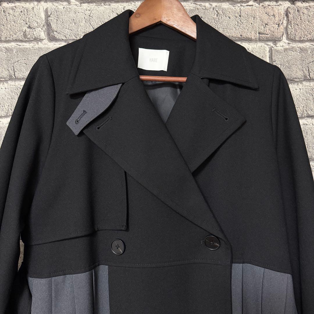 【美品】HARE　バイカラープリーツコート　ブラック　ベルト付