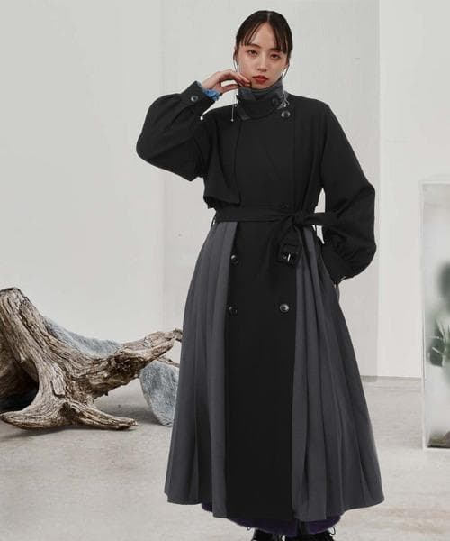 【美品】HARE　バイカラープリーツコート　ブラック　ベルト付