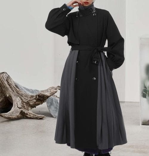 【美品】HARE　バイカラープリーツコート　ブラック　ベルト付