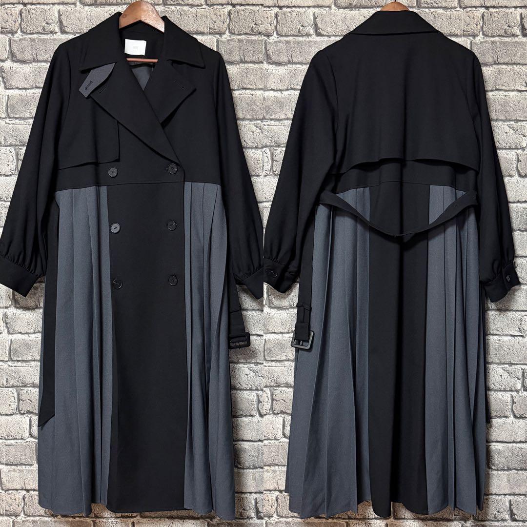 【美品】HARE　バイカラープリーツコート　ブラック　ベルト付