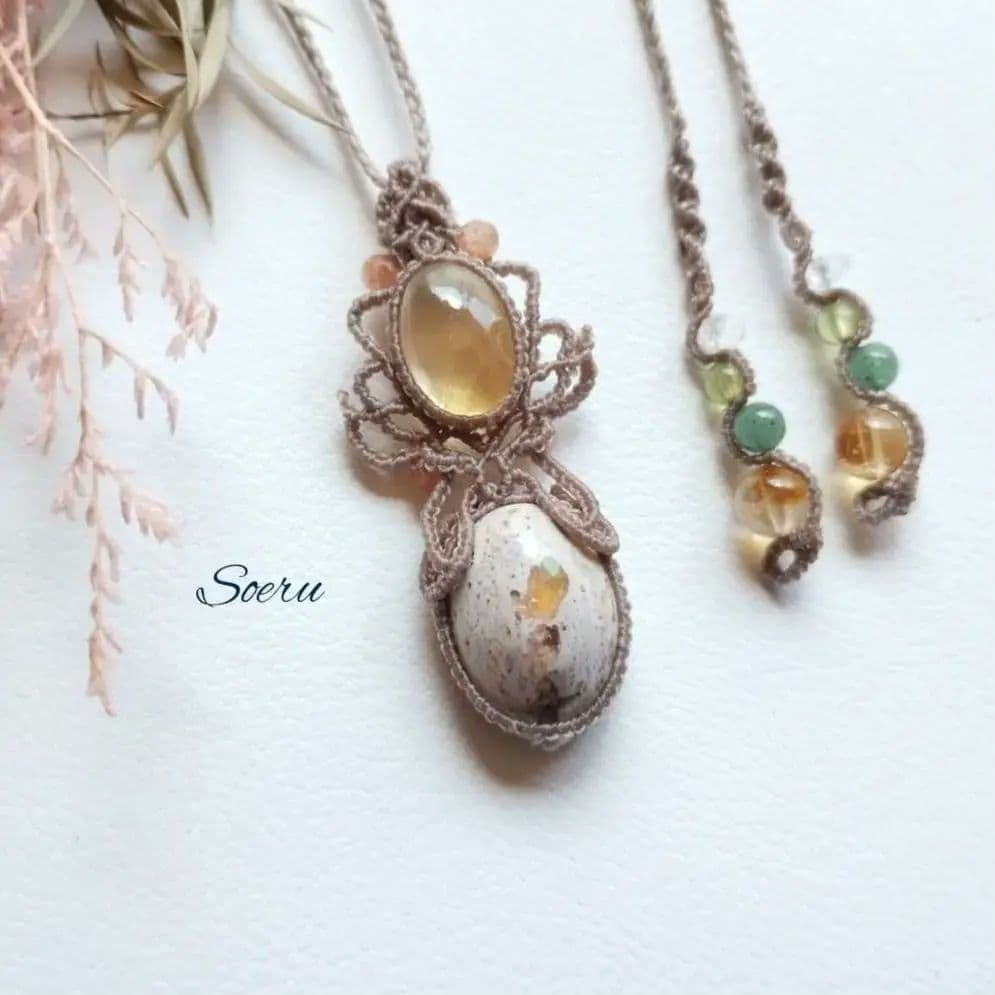 【タマ子】カンテラオパール＆シトリンのマクラメネックレス　天然石