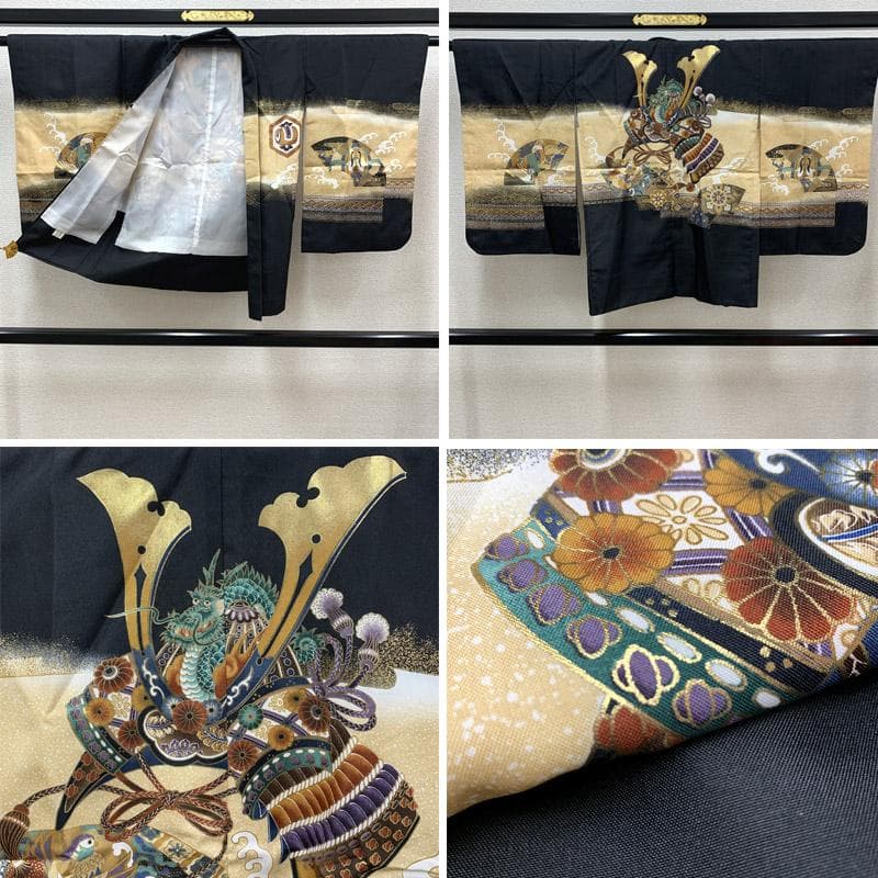 504ab12■＋小物セット 七五三 五歳 着物&羽織&袴&角帯 兜 龍 金彩