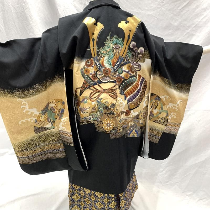 504ab12■＋小物セット 七五三 五歳 着物&羽織&袴&角帯 兜 龍 金彩