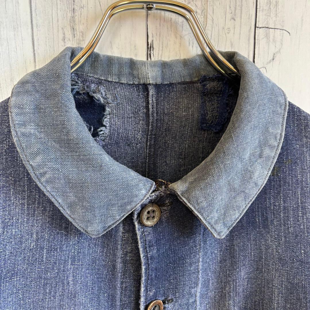 40s フレンチ インディゴリネン カバーオール ワークジャケット ユーロ 襤褸