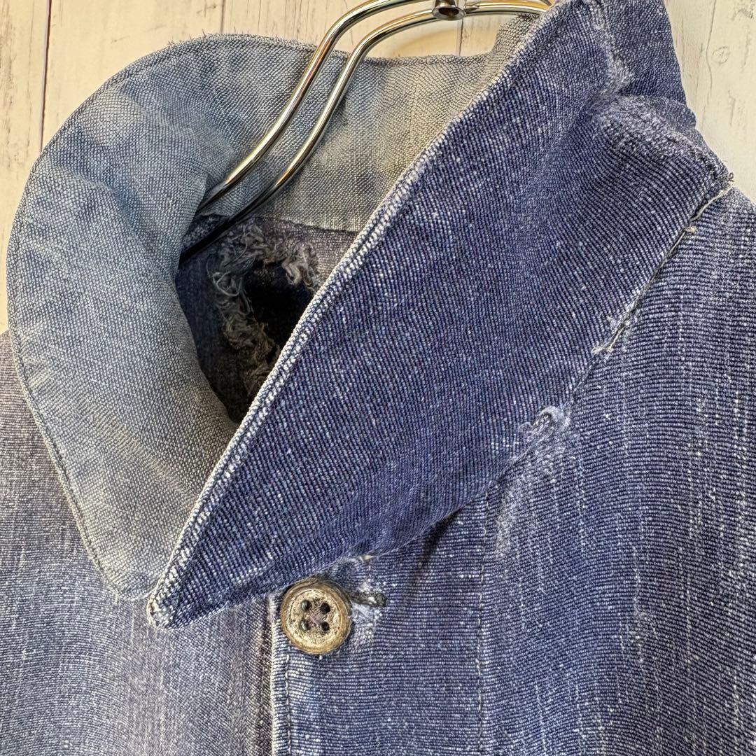 40s フレンチ インディゴリネン カバーオール ワークジャケット ユーロ 襤褸