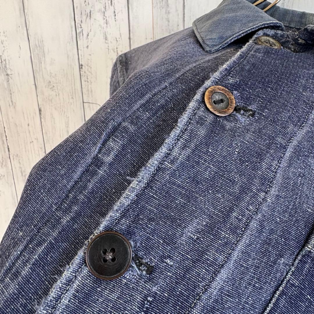 40s フレンチ インディゴリネン カバーオール ワークジャケット ユーロ 襤褸