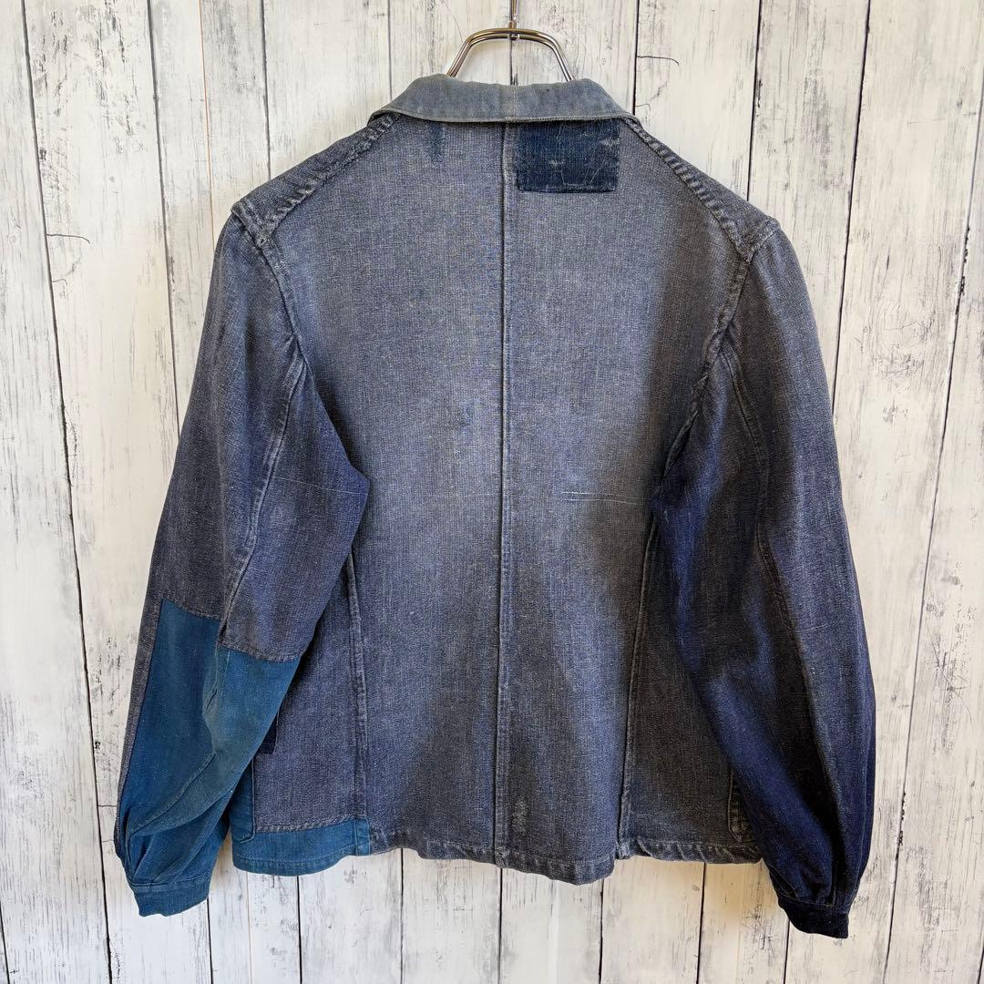 40s フレンチ インディゴリネン カバーオール ワークジャケット ユーロ 襤褸