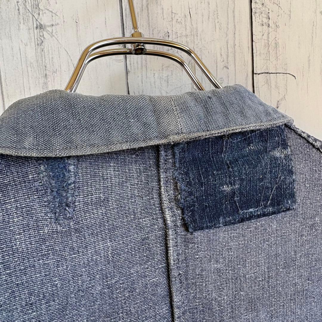 40s フレンチ インディゴリネン カバーオール ワークジャケット ユーロ 襤褸