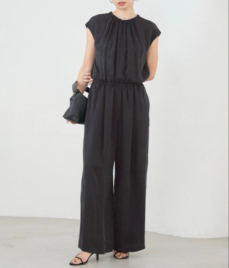 IENA キュプラギャザーネックオールインワン36 ブラック