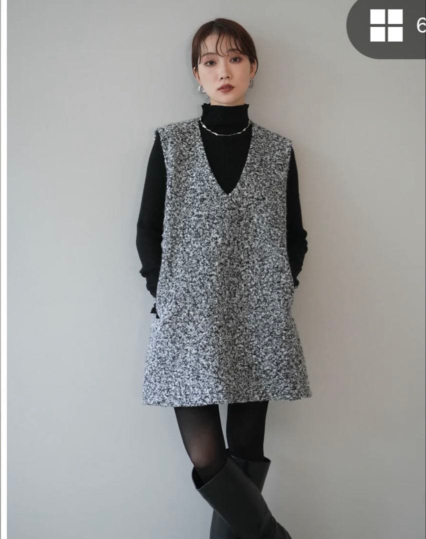 ミックスループヤーンニットミニワンピース+袖ボタンボトルネックリブニットトップス