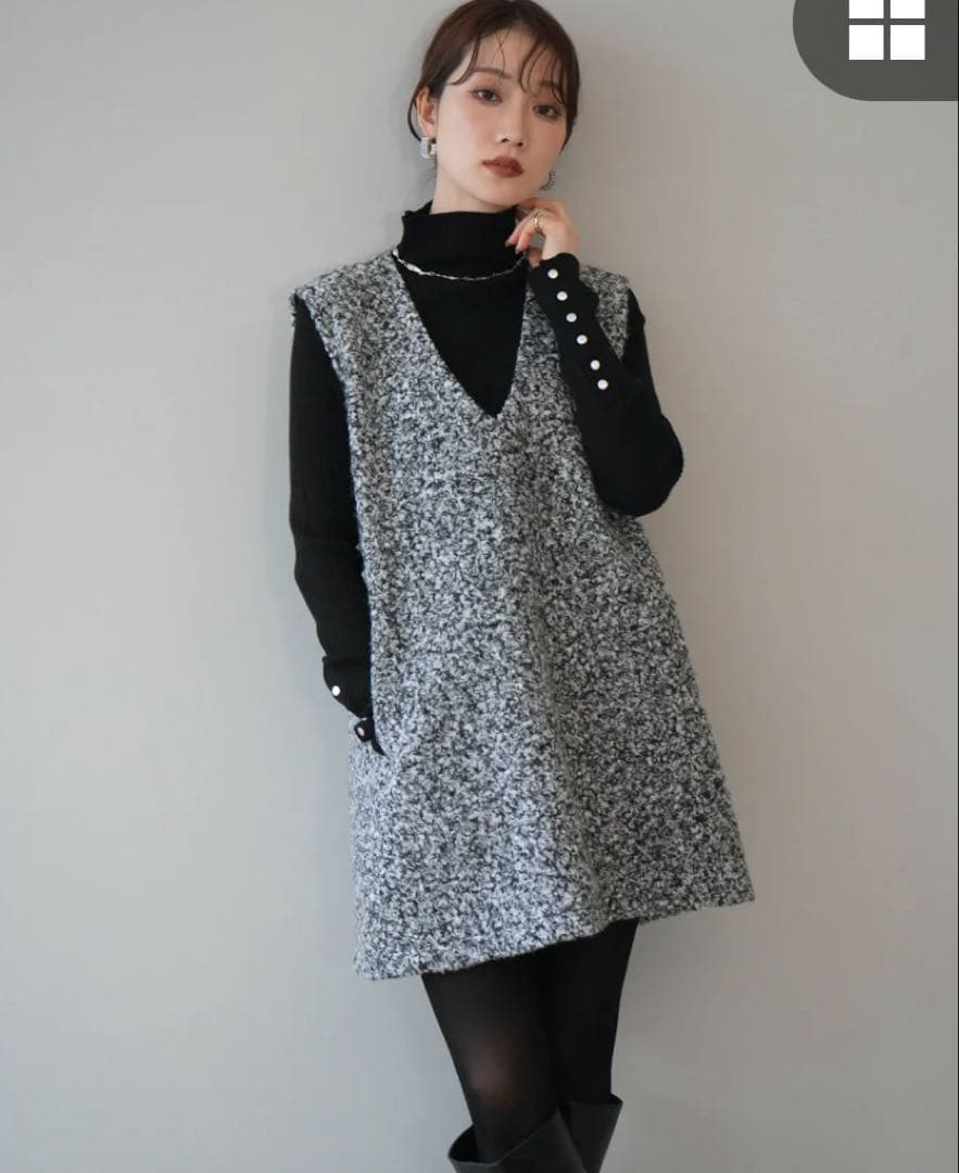 ミックスループヤーンニットミニワンピース+袖ボタンボトルネックリブニットトップス