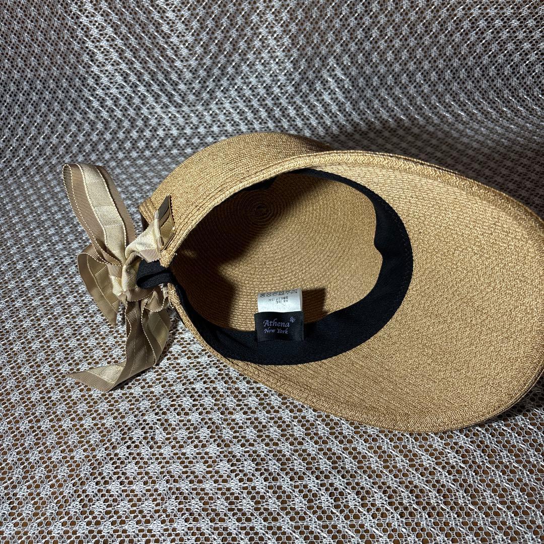 リボン付きベージュストローキャップ Athena New York