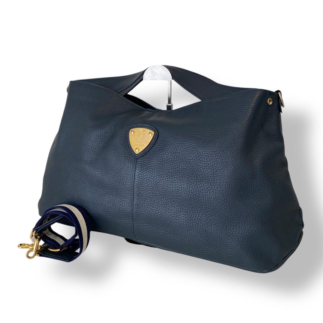 極美品　アタオ　エルヴィ　A4可　2way ショルダーバッグ　ネイビー　レザー