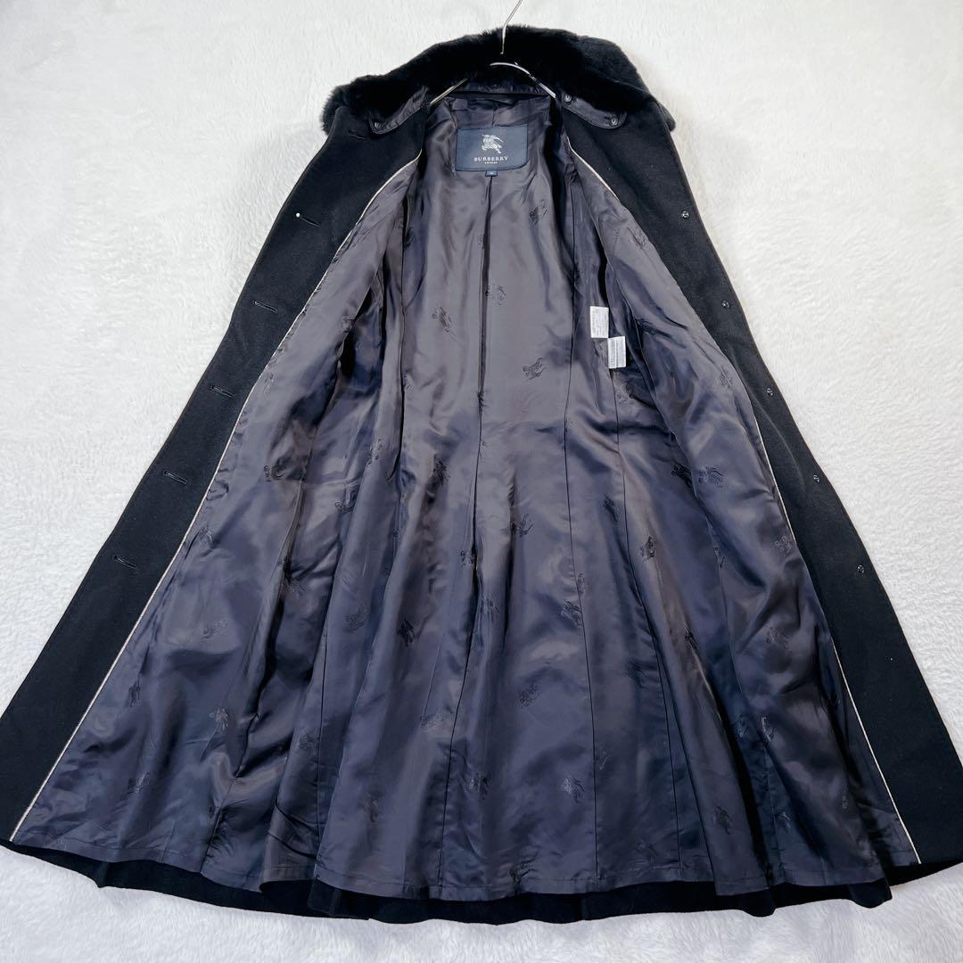 未使用級✨バーバリーロンドン アンゴラ ロングコート 総柄 ファー ベルト付 黒