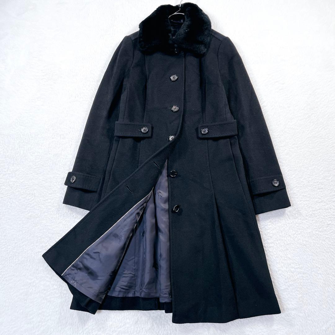 未使用級✨バーバリーロンドン アンゴラ ロングコート 総柄 ファー ベルト付 黒